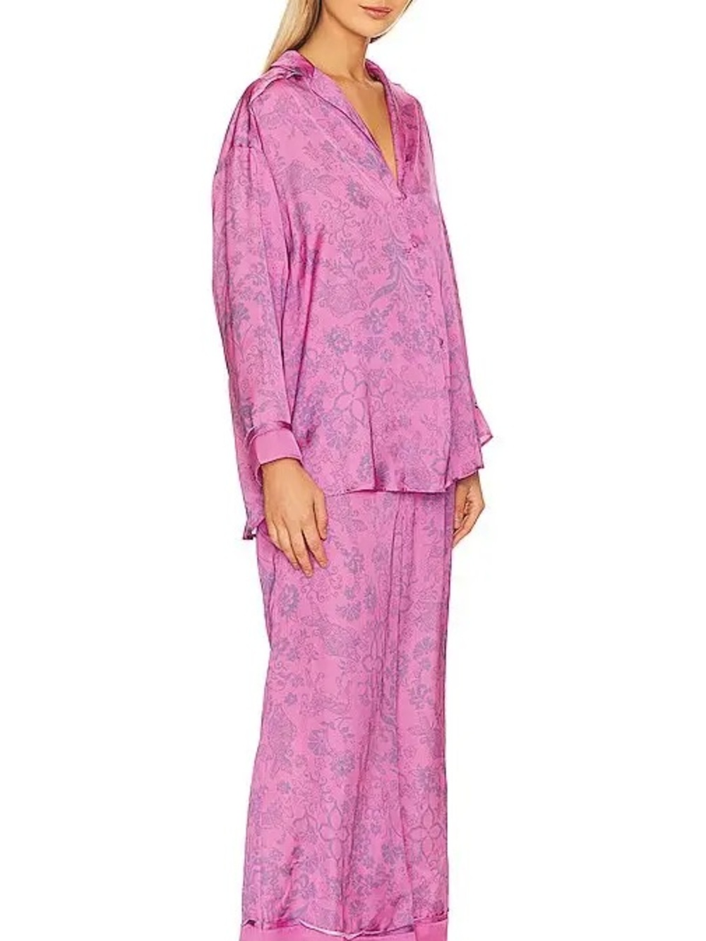 Free People Pink Floral Satin Two-Piece Pajama Set